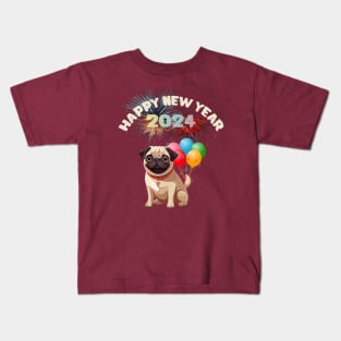 "Happy New Year 2024" Pug Dog Design! Kids T-Shirt